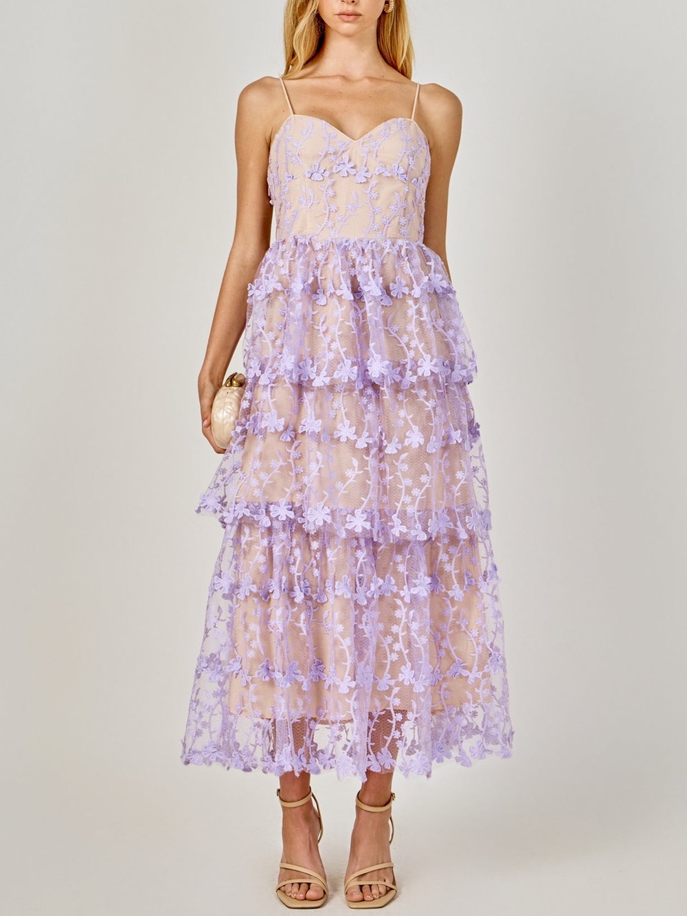 Endless Rose Crochet Layered Midi Dress Spaghetti Straps Lace Lilac Purple Siz L